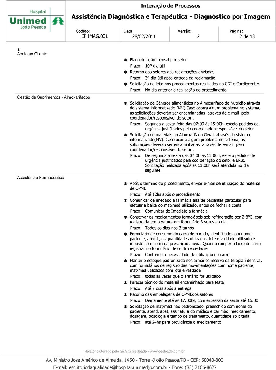 Solicitação de leito nos procedimentos realizados no CDI e Cardiocenter No dia anterior a realização do procedimento Solicitação de Gêneros alimentícios no Almoxarifado de Nutrição através do sistema