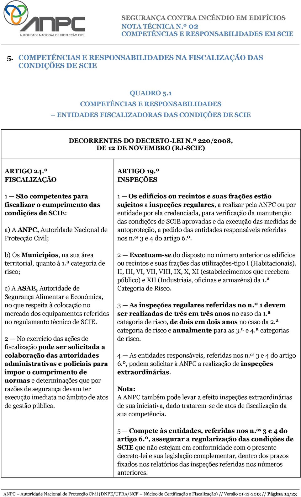 º FISCALIZAÇÃO 1 São competentes para fiscalizar o cumprimento das condições de SCIE: a) A ANPC, Autoridade Nacional de Protecção Civil; b) Os Municípios, na sua área territorial, quanto à 1.