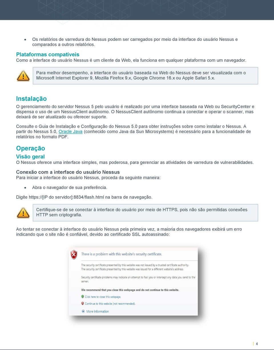 Para melhor desempenho, a interface do usuário baseada na Web do Nessus deve ser visualizada com o Microsoft Internet Exp