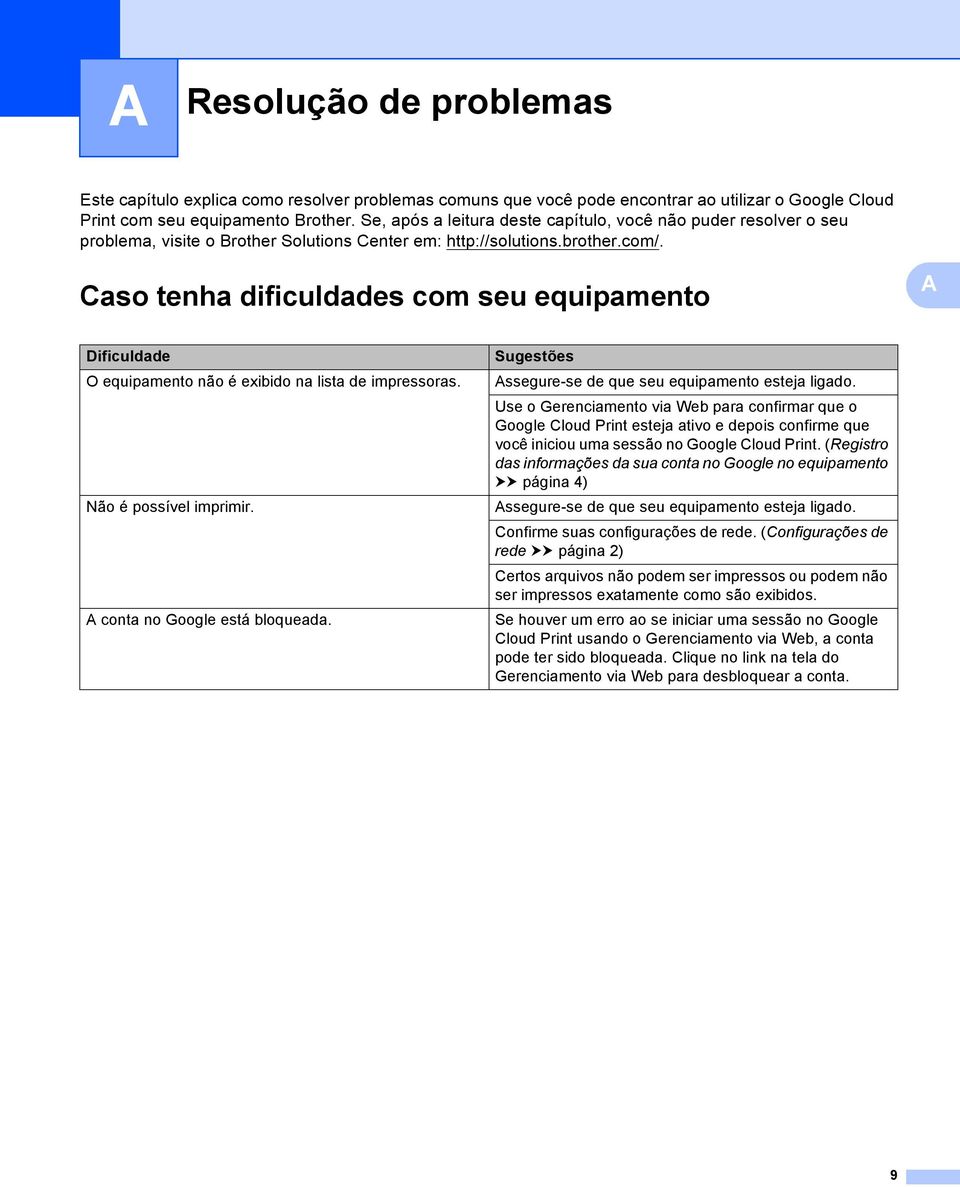 Caso tenha dificuldades com seu equipamento A A Dificuldade O equipamento não é exibido na lista de impressoras. Não é possível imprimir. A conta no Google está bloqueada.