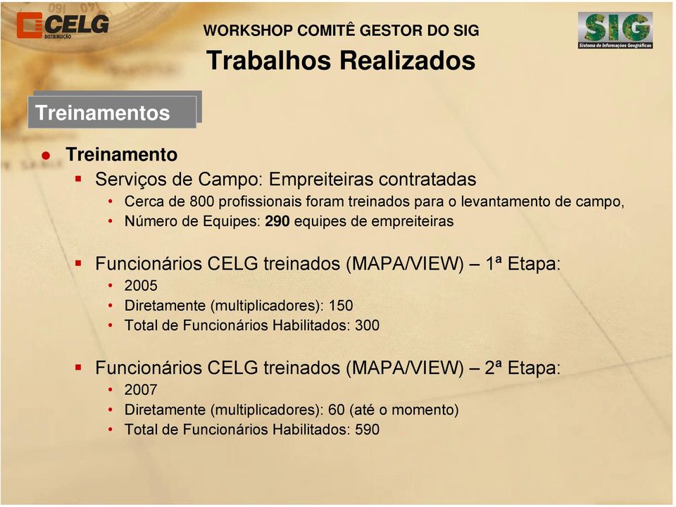 (MAPA/VIEW) 1ª Etapa: 2005 Diretamente (multiplicadores): 150 Total de Funcionários Habilitados: 300 Funcionários CELG