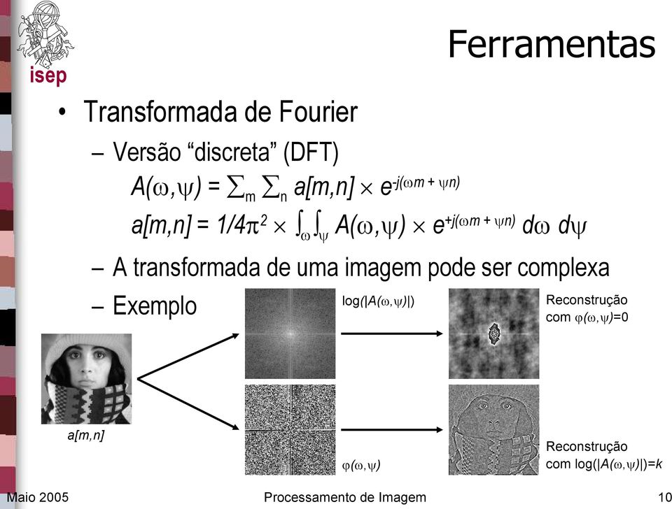 de uma imagem pode ser complexa Exemplo log( A(, ) ) Reconstrução com (,