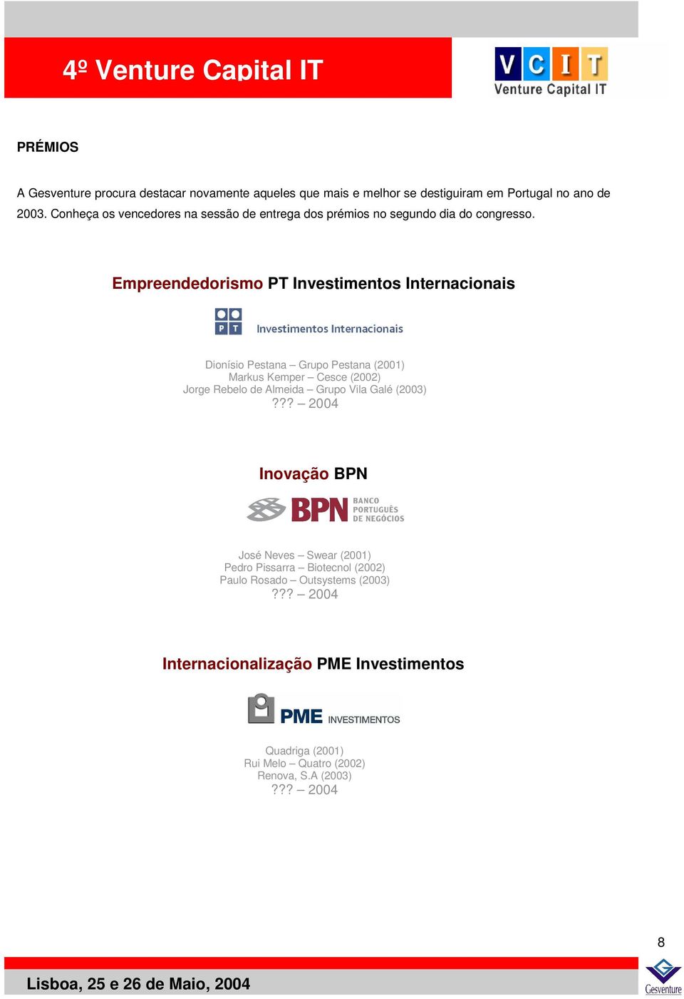 Empreendedorismo PT Investimentos Internacionais Dionísio Pestana Grupo Pestana (2001) Markus Kemper Cesce (2002) Jorge Rebelo de Almeida Grupo