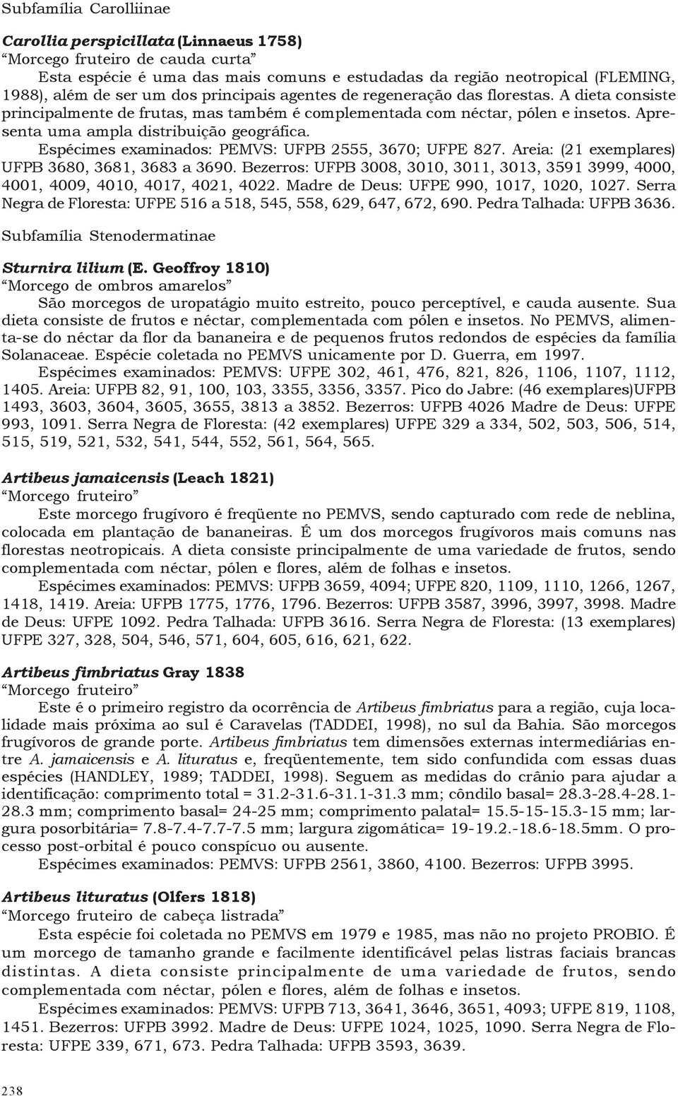 Espécimes examinados: PEMVS: UFPB 2555, 3670; UFPE 827. Areia: (21 exemplares) UFPB 3680, 3681, 3683 a 3690. Bezerros: UFPB 3008, 3010, 3011, 3013, 3591 3999, 4000, 4001, 4009, 4010, 4017, 4021, 4022.