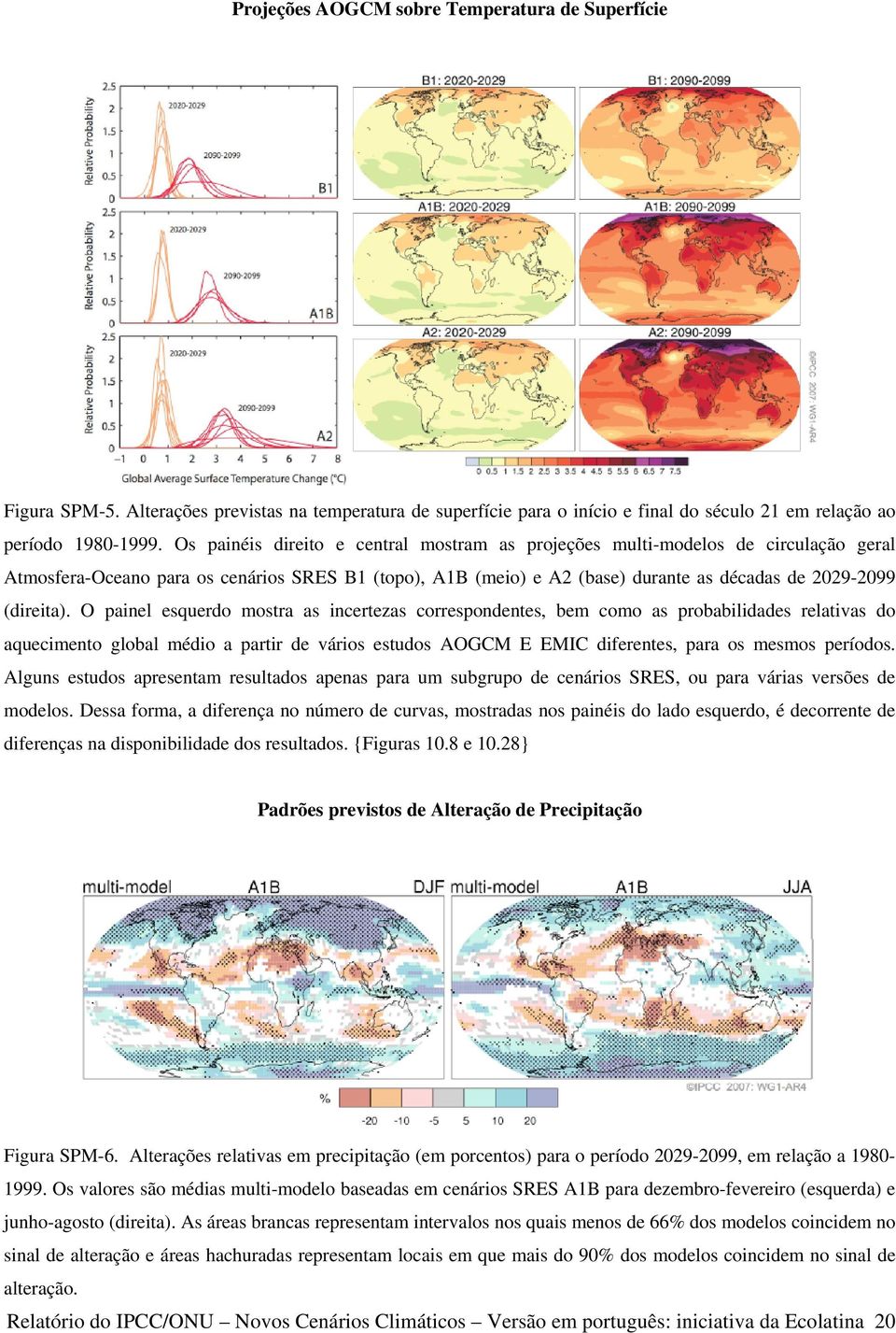 O painel esquerdo mostra as incertezas correspondentes, bem como as probabilidades relativas do aquecimento global médio a partir de vários estudos AOGCM E EMIC diferentes, para os mesmos períodos.