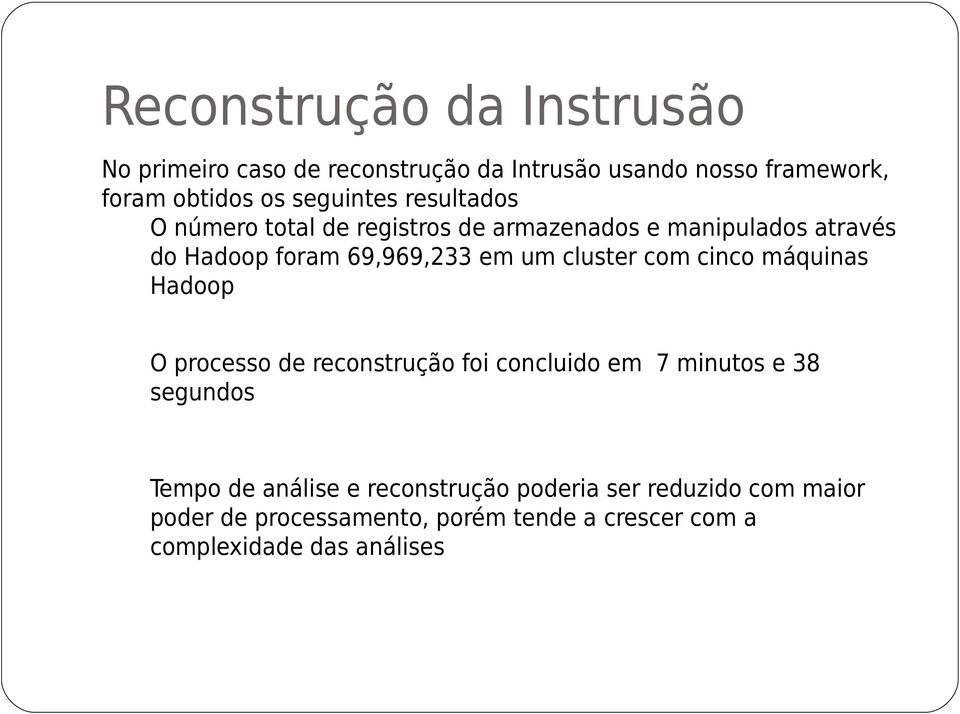 cluster com cinco máquinas Hadoop O processo de reconstrução foi concluido em 7 minutos e 38 segundos Tempo de análise