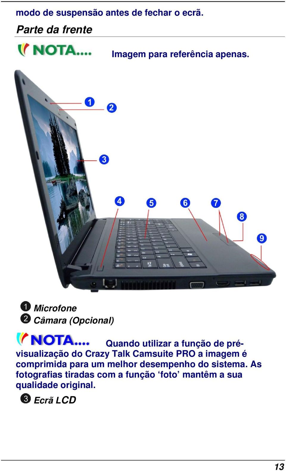 Microfone Câmara (Opcional) Quando utilizar a função de prévisualização do Crazy