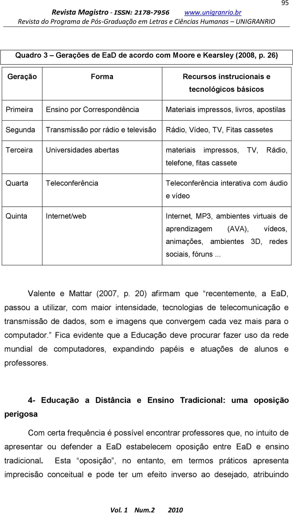 Fitas cassetes Terceira Universidades abertas materiais impressos, TV, Rádio, telefone, fitas cassete Quarta Teleconferência Teleconferência interativa com áudio e vídeo Quinta Internet/web Internet,