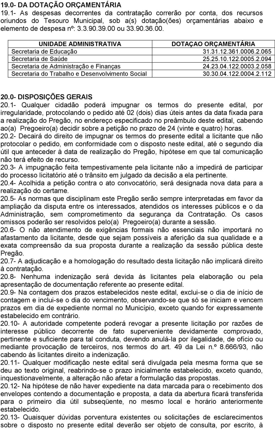 00. UNIDADE ADMINISTRATIVA DOTAÇAO ORÇAMENTÁRIA Secretaria de Educação 31.31.12.361.0006.2.065 Secretaria de Saúde 25.25.10.122.0005.2.094 Secretaria de Administração e Finanças 24.23.04.122.0003.2.058 Secretaria do Trabalho e Desenvolvimento Social 30.