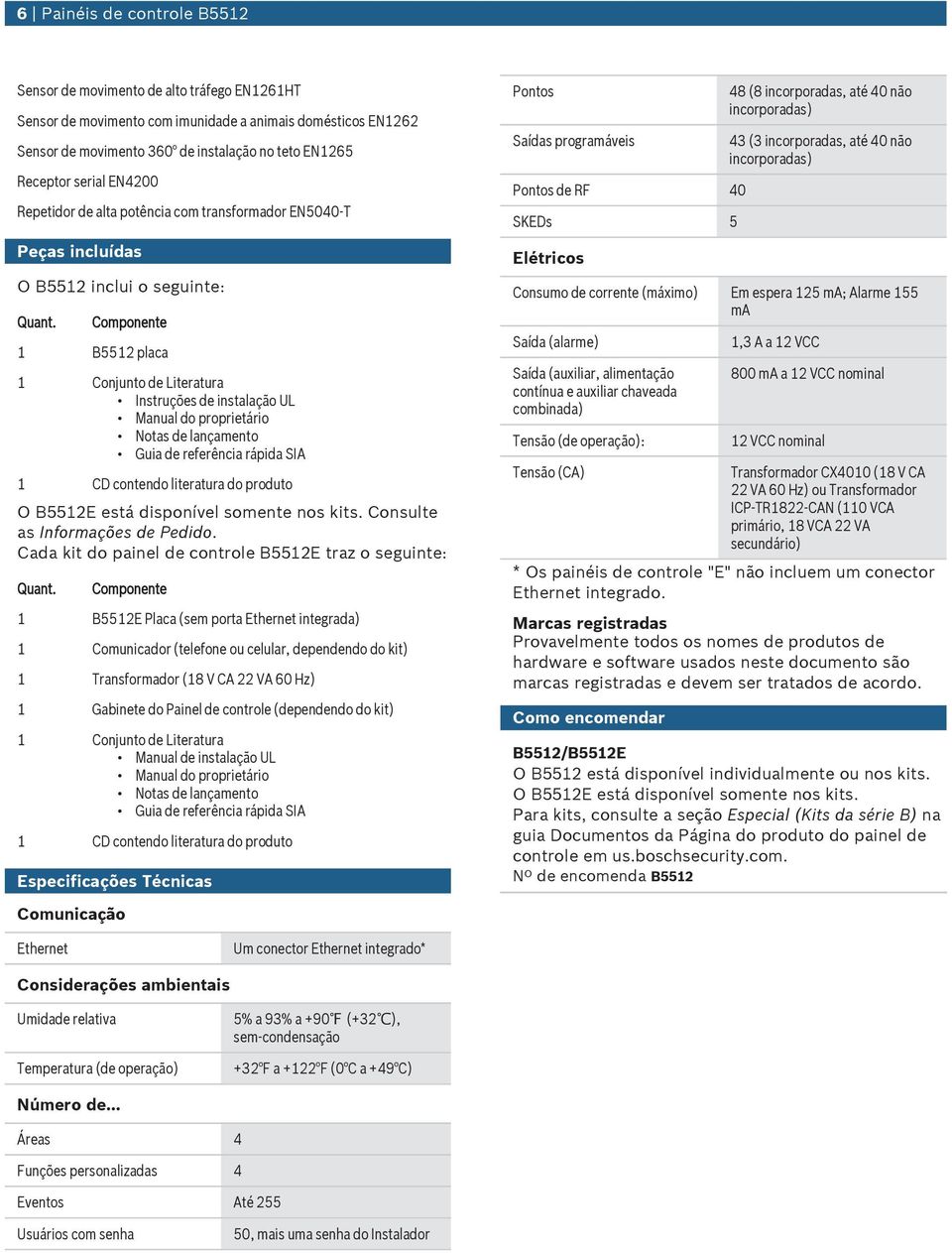 Componente 1 B5512 placa 1 Conjnto de Literatra Instrções de instalação UL Manal do proprietário Notas de lançamento Gia de referência rápida SIA 1 CD contendo literatra do prodto O B5512E está