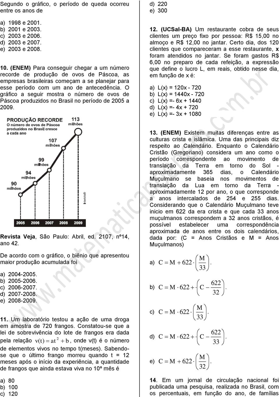 O gráfico seguir mostr o número de ovos de Pásco produzidos no Brsil no período de 005 009. d) 0 e) 300.