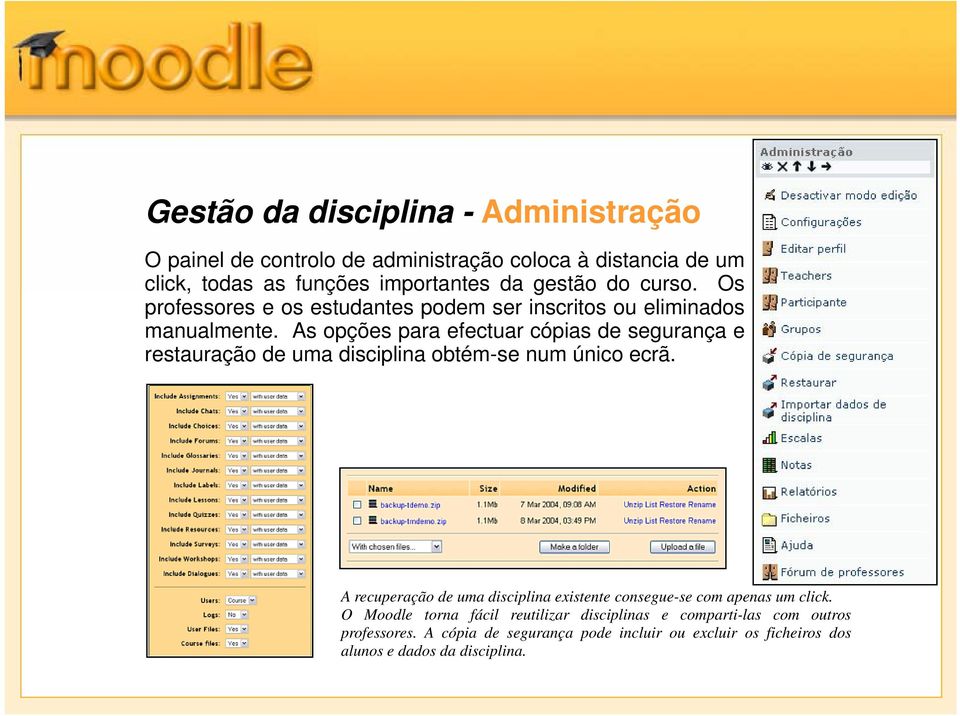 As opções para efectuar cópias de segurança e restauração de uma disciplina obtém-se num único ecrã.