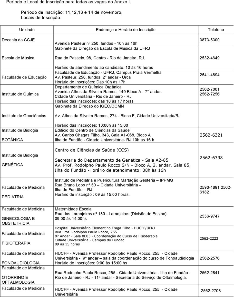 BOTÂNICA Instituto de Biologia GENÉTICA PEDIATRIA Avenida Pasteur nº 250, fundos - 10h as 16h Gabinete da Direção da Escola de Música da UFRJ Rua do Passeio, 98, Centro - Rio de Janeiro, RJ.