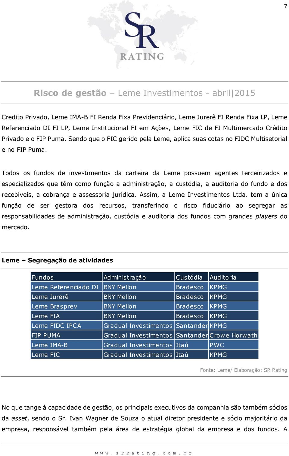 Todos os fundos de investimentos da carteira da Leme possuem agentes terceirizados e especializados que têm como função a administração, a custódia, a auditoria do fundo e dos recebíveis, a cobrança