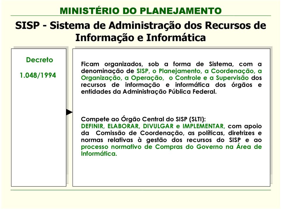 Supervisão dos recursos de informação e informática dos órgãos e entidades da Administração Pública Federal.