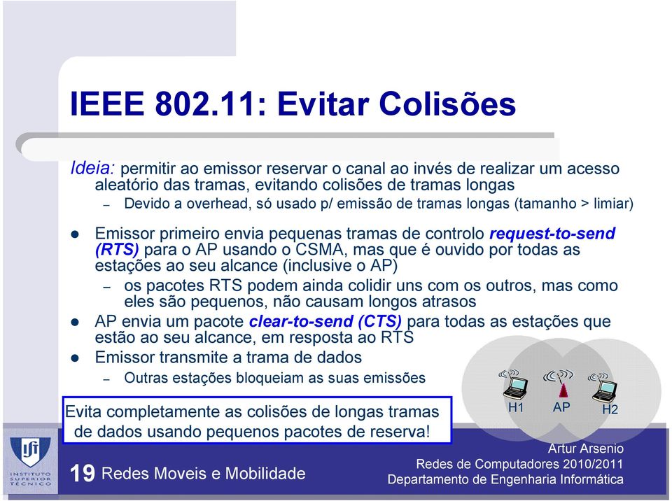 Emissor primeiro envi pequens trms de controlo request--send (RTS) pr o AP uso o CSMA, ms que é ouvido por ds s estções o seu lcnce (inclusive o AP) os pcotes RTS podem ind colidir uns com os outros,