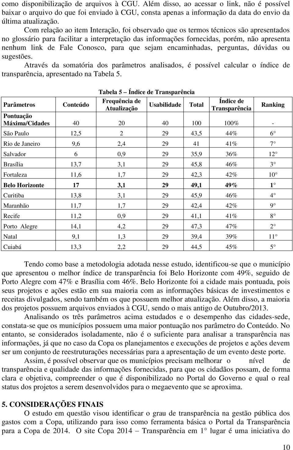 Conosco, para que sejam encaminhadas, perguntas, dúvidas ou sugestões. Através da somatória dos parâmetros analisados, é possível calcular o índice de transparência, apresentado na Tabela 5.