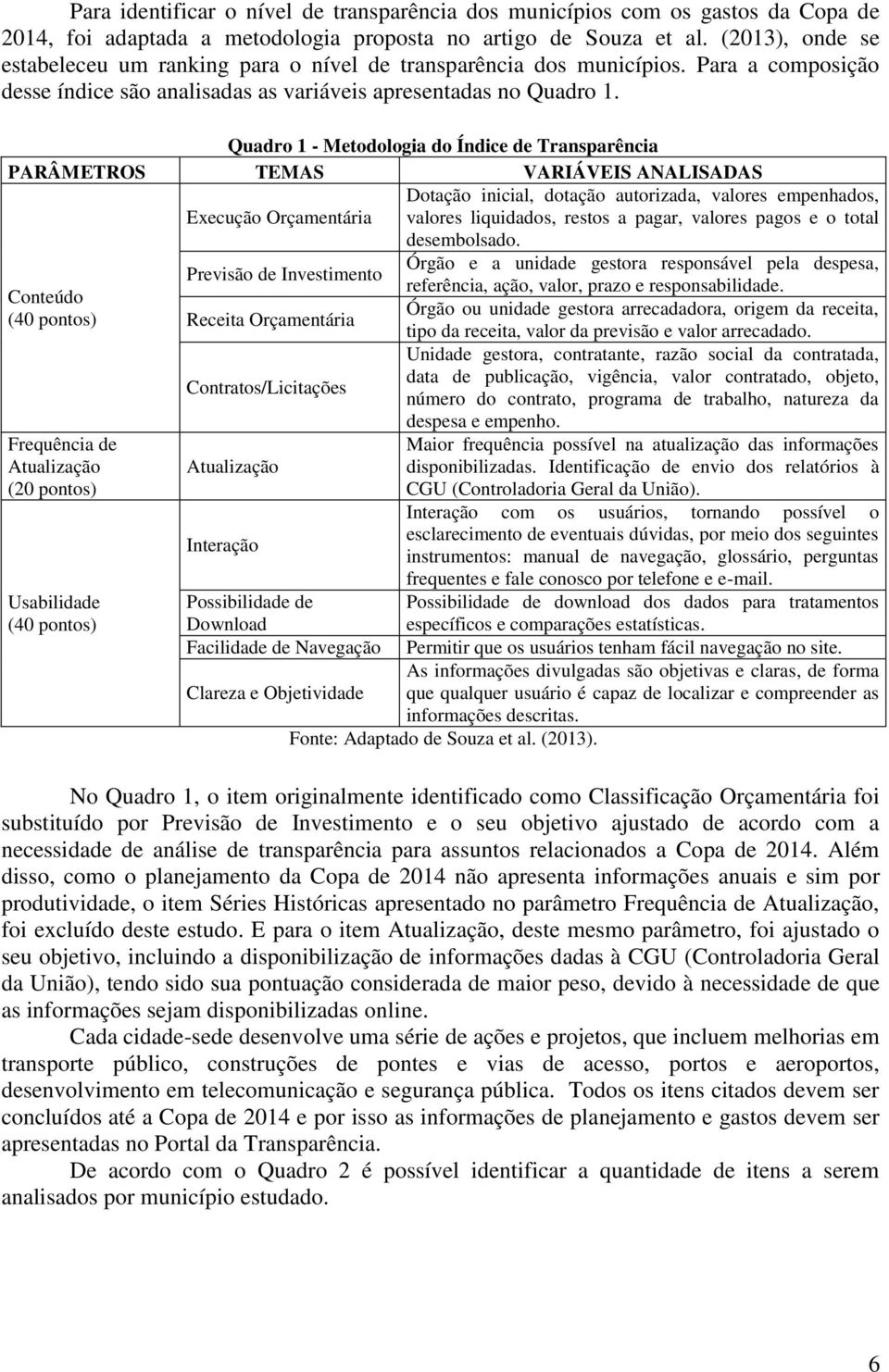 Quadro 1 - Metodologia do Índice de Transparência PARÂMETROS TEMAS VARIÁVEIS ANALISADAS Execução Orçamentária Dotação inicial, dotação autorizada, valores empenhados, valores liquidados, restos a