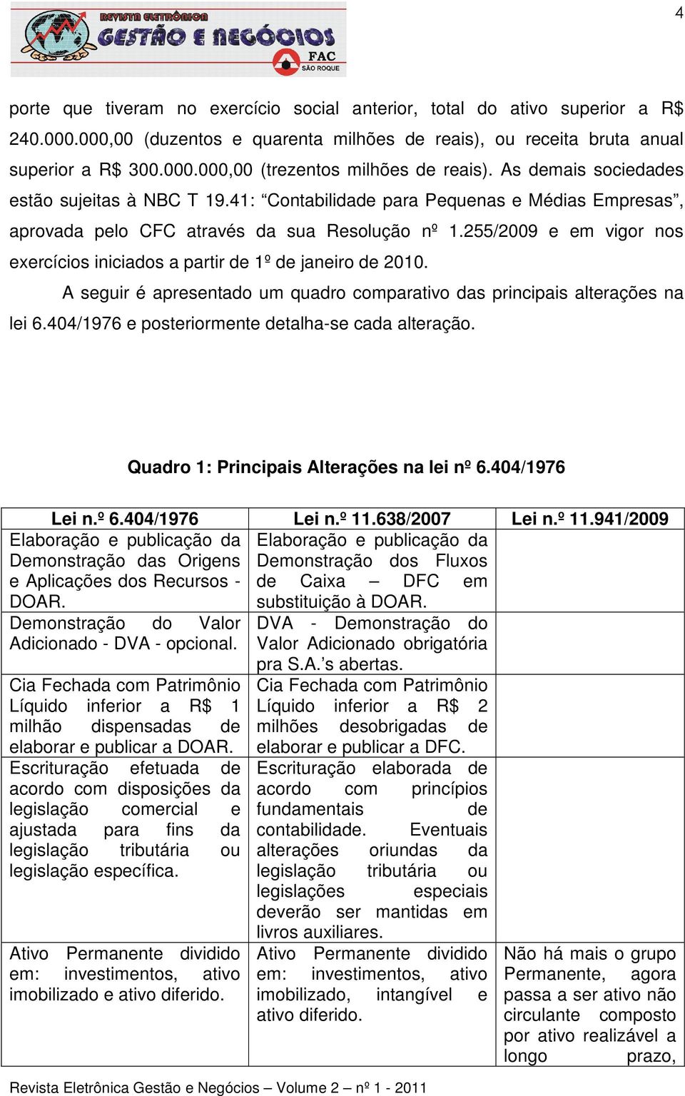 255/2009 e em vigor nos exercícios iniciados a partir de 1º de janeiro de 2010. A seguir é apresentado um quadro comparativo das principais alterações na lei 6.