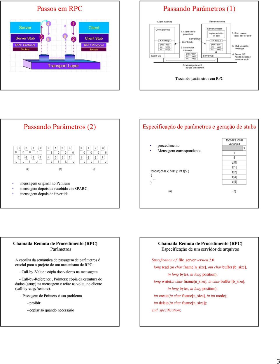 crucial para o projeto de um mecanismo de RPC : - Call-by-Value : cópia dos valores na mensagem - Call-by-Reference, Pointers: cópia da estrutura de dados (array) na mensagem e refaz na volta, no