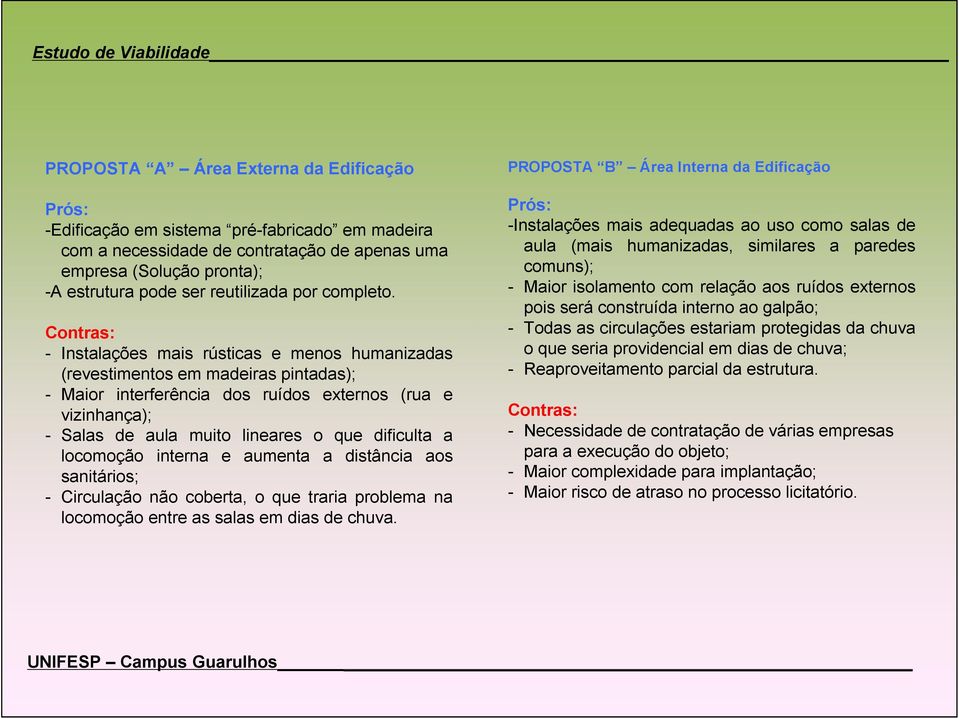 Contras: - Instalações mais rústicas e menos humanizadas (revestimentos em madeiras pintadas); - Maior interferência dos ruídos externos (rua e vizinhança); - Salas de aula muito lineares o que