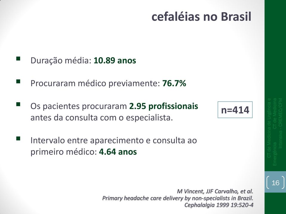 n=414 Intervalo entre aparecimento e consulta ao primeiro médico: 4.