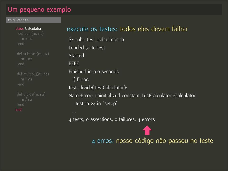 / n2 execute os testes: todos eles devem falhar $~ ruby test_calculator.rb Loaded suite test Started EEEE Finished in 0.