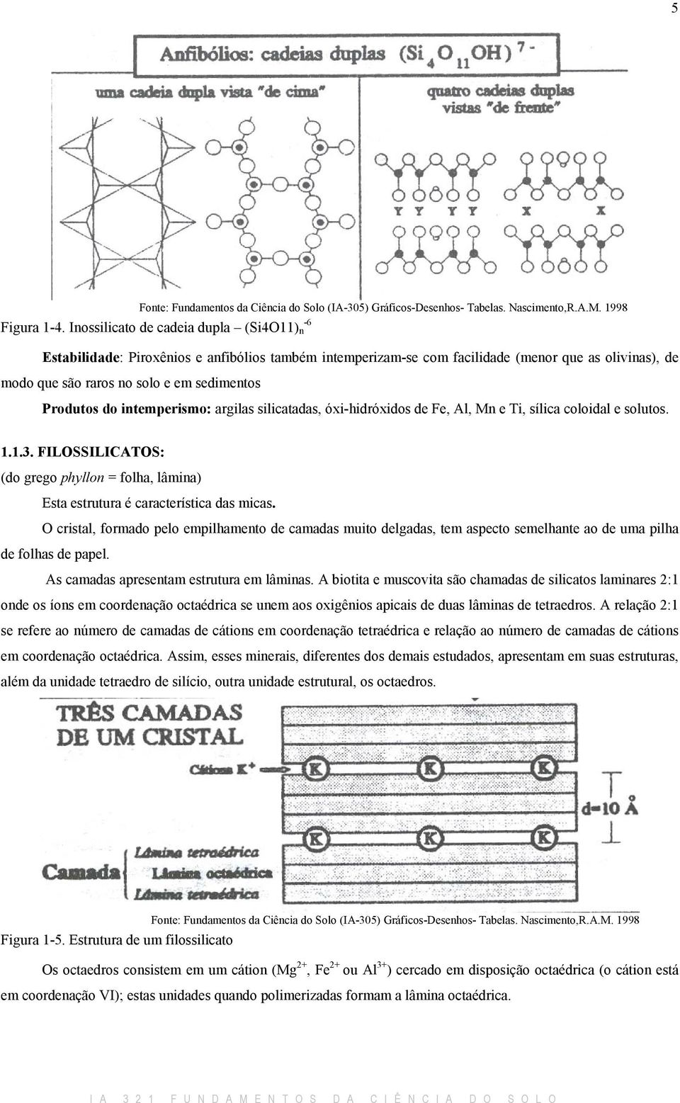 do intemperismo: argilas silicatadas, óxi-hidróxidos de Fe, Al, Mn e Ti, sílica coloidal e solutos. 1.1.3. FILOSSILICATOS: (do grego phyllon = folha, lâmina) Esta estrutura é característica das micas.