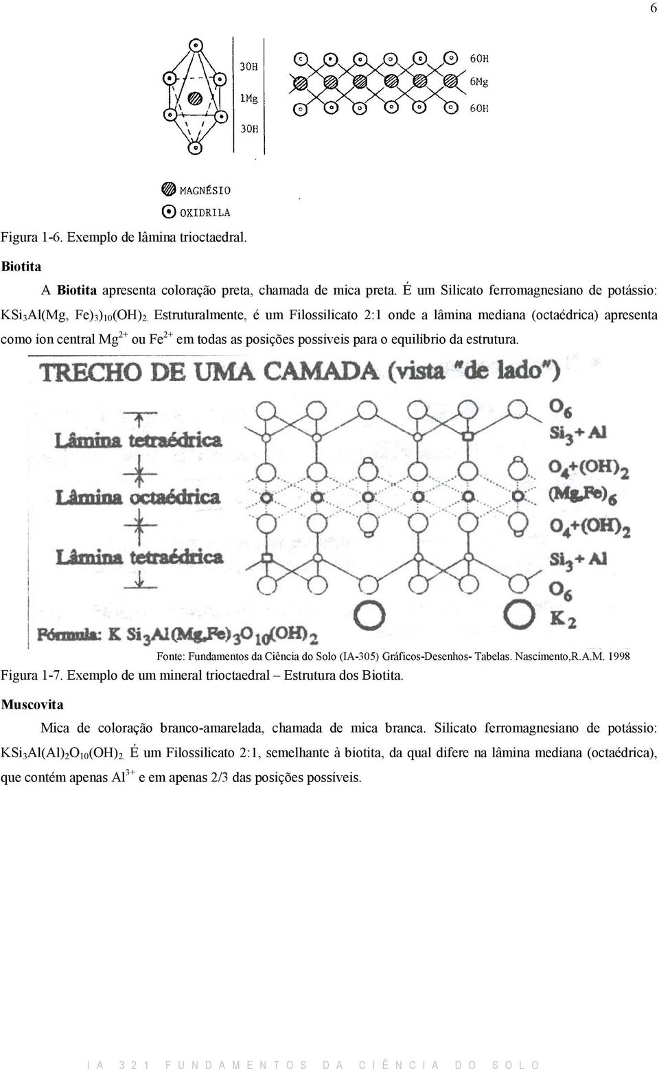 Fonte: Fundamentos da Ciência do Solo (IA-305) Gráficos-Desenhos- Tabelas. Nascimento,R.A.M. 1998 Figura 1-7. Exemplo de um mineral trioctaedral Estrutura dos Biotita.