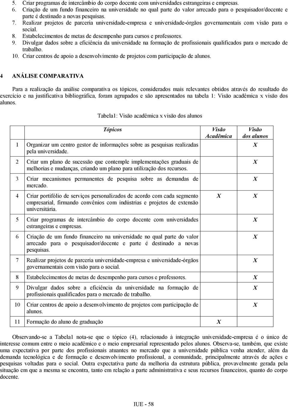 Realizar projetos de parceria universidade-empresa e universidade-órgãos governamentais com visão para o social. 8. Estabelecimentos de metas de desempenho para cursos e professores. 9.