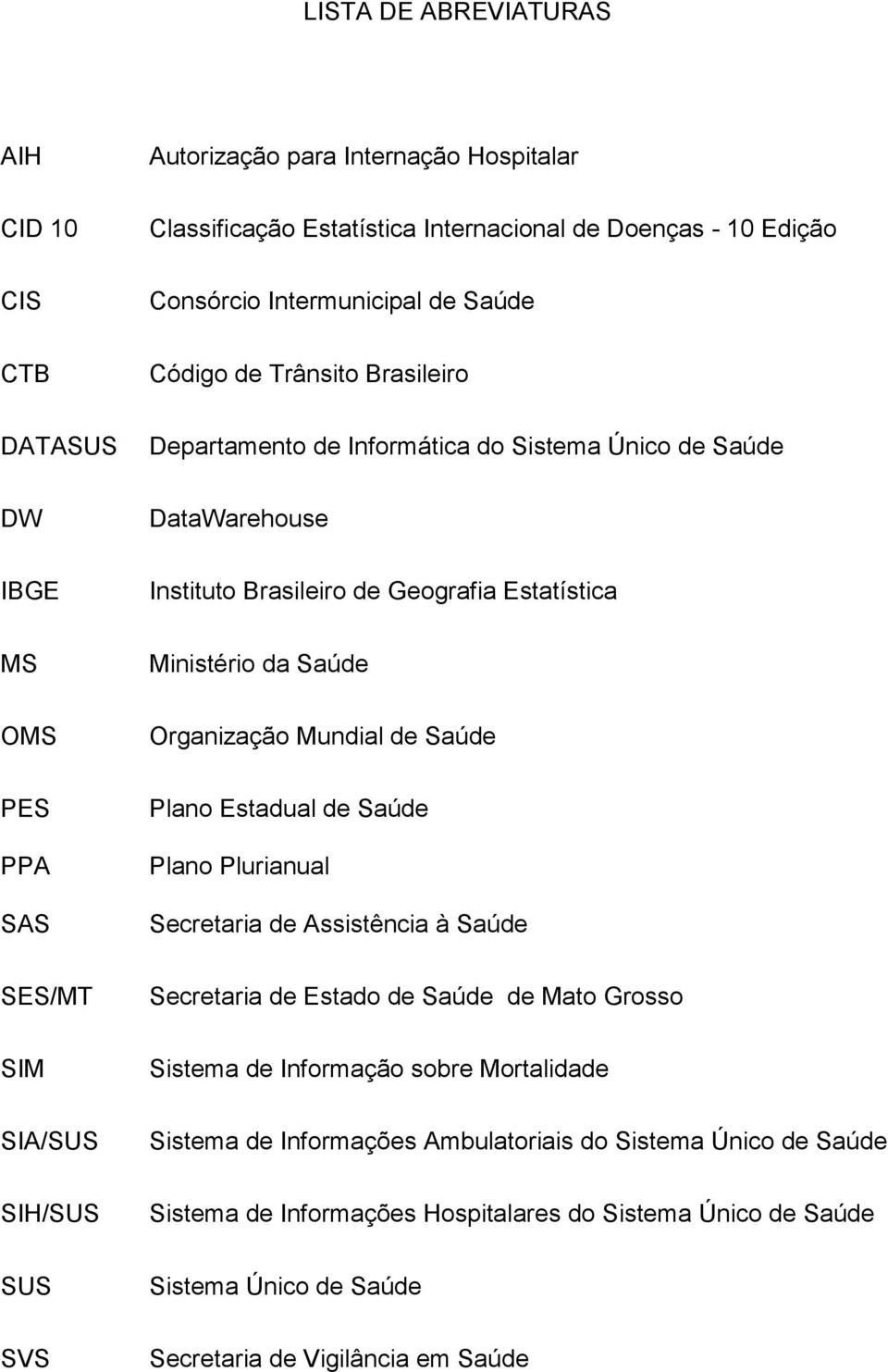 Saúde PES PPA SAS Plano Estadual de Saúde Plano Plurianual Secretaria de Assistência à Saúde SES/MT Secretaria de Estado de Saúde de Mato Grosso SIM Sistema de Informação sobre Mortalidade