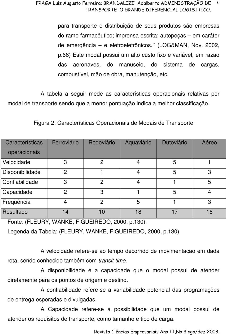 A tabela a seguir mede as características operacionais relativas por modal de transporte sendo que a menor pontuação indica a melhor classificação.