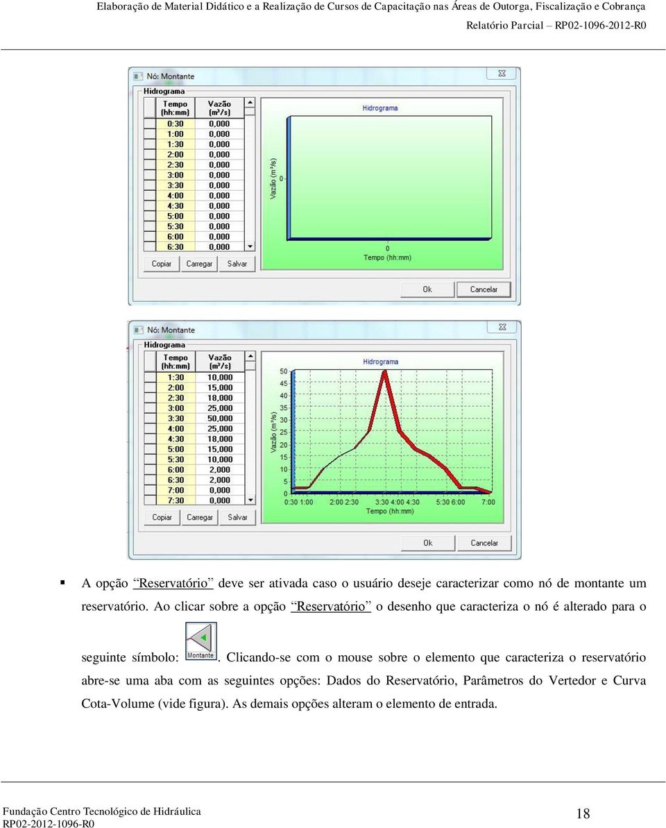 Clicando-se com o mouse sobre o elemento que caracteriza o reservatório abre-se uma aba com as seguintes opções: