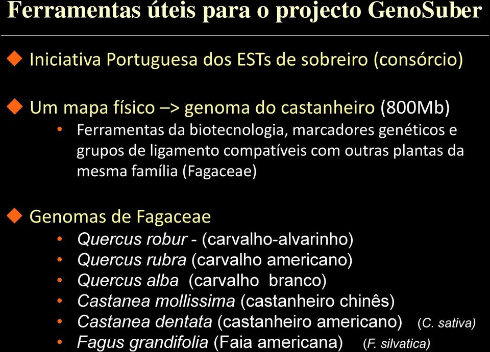 família (Fagaceae) Genomas de Fagaceae Quercus robur - (carvalho-alvarinho) Quercus rubra (carvalho americano) Quercus alba (carvalho
