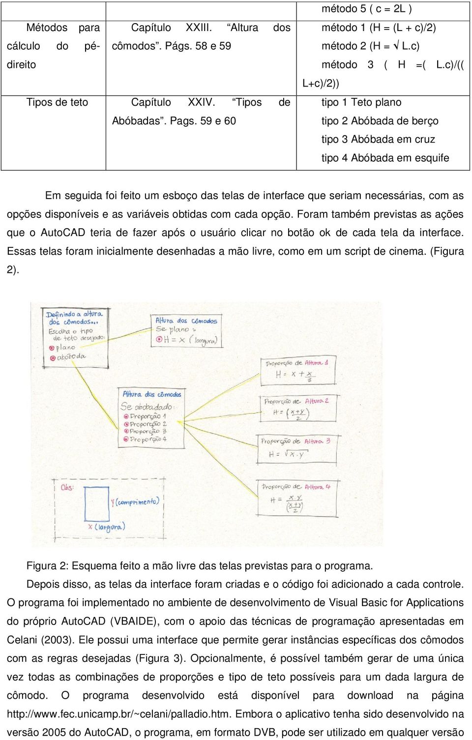 c)/(( L+c)/2)) tipo 1 Teto plano tipo 2 Abóbada de berço tipo 3 Abóbada em cruz tipo 4 Abóbada em esquife Em seguida foi feito um esboço das telas de interface que seriam necessárias, com as opções