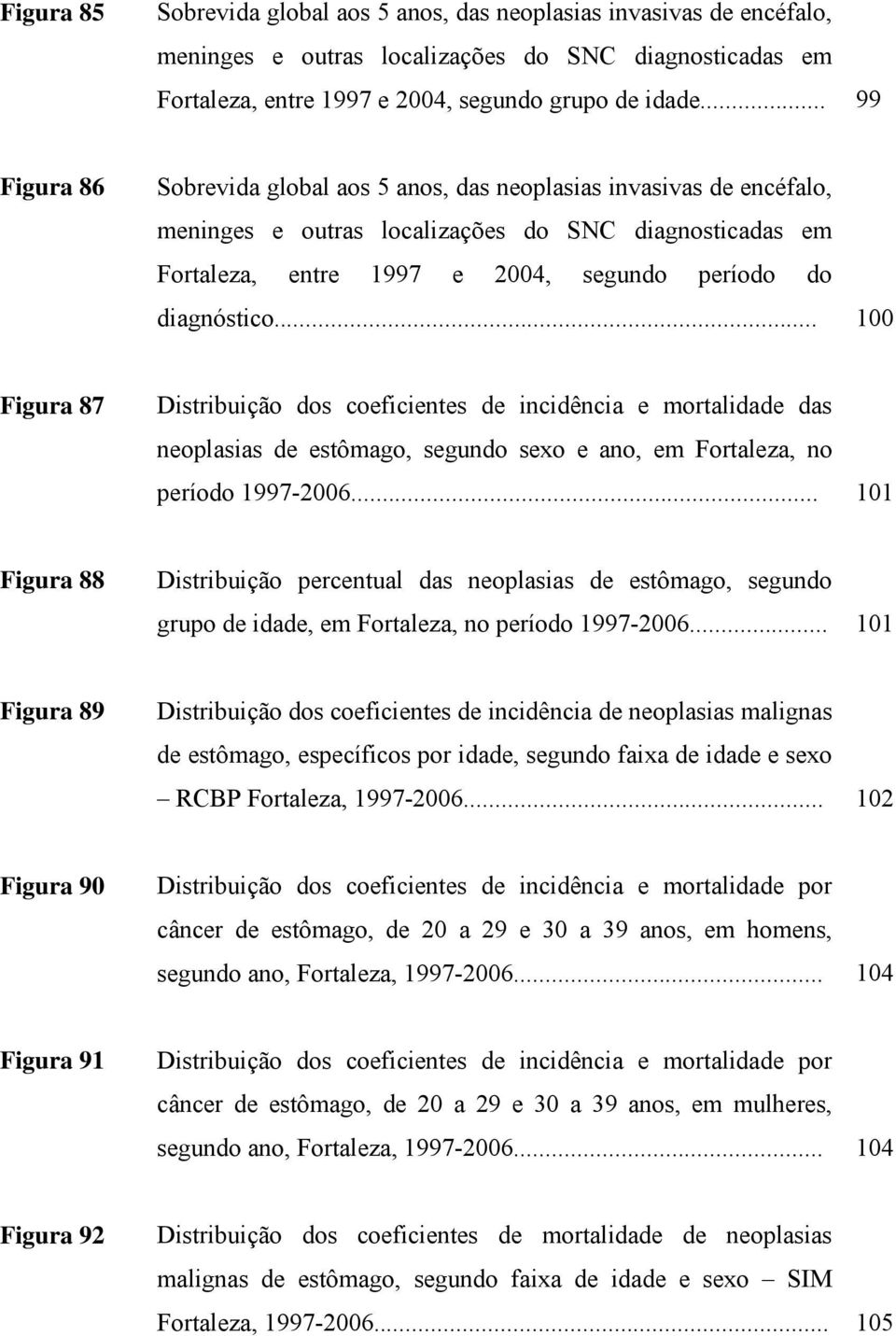 .. 100 Figura 87 Distribuição dos coeficientes de incidência e mortalidade das neoplasias de estômago, segundo sexo e ano, em Fortaleza, no período 1997-2006.