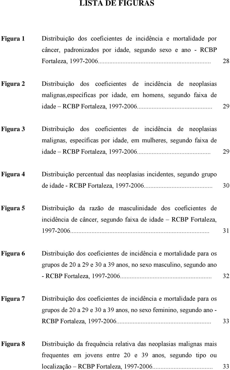 .. 29 Figura 3 Distribuição dos coeficientes de incidência de neoplasias malignas, específicas por idade, em mulheres, segundo faixa de idade RCBP Fortaleza, 1997-2006.