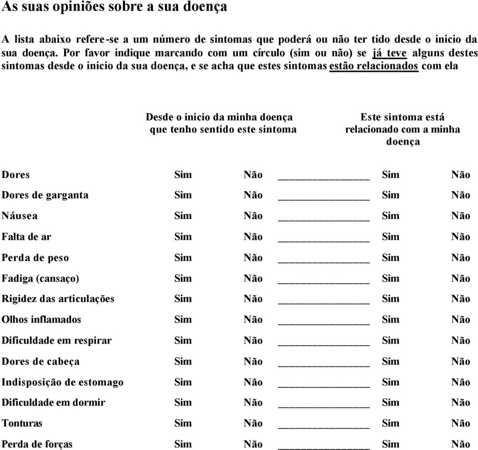 tenho sentido este sintoma Este sintoma está relacionado com a minha Dores Sim Não Sim Não Dores de garganta Sim Não Sim Não Náusea Sim Não Sim Não Falta de ar Sim Não Sim Não Perda de peso Sim Não