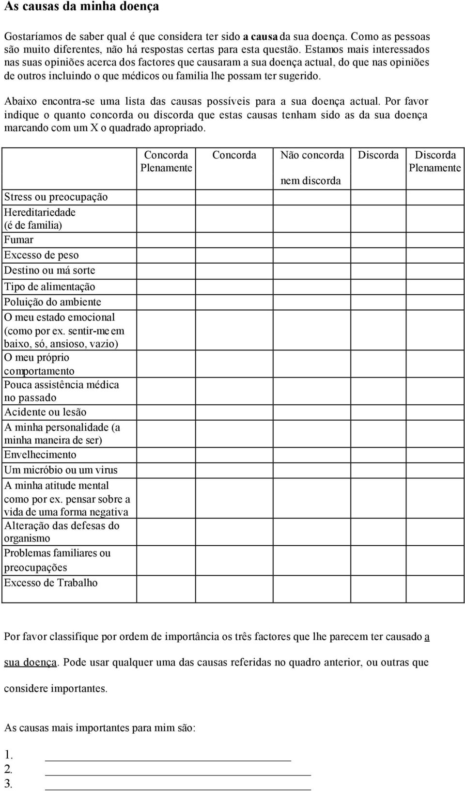 Abaixo encontra-se uma lista das causas possíveis para a sua actual. Por favor indique o quanto concorda ou discorda que estas causas tenham sido as da sua marcando com um X o quadrado apropriado.