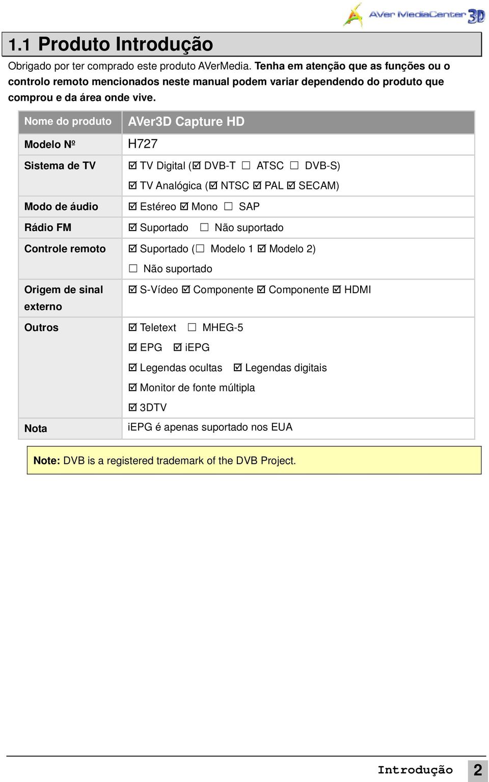 Nome do produto Modelo Nº Sistema de TV AVer3D Capture HD H727 TV Digital ( DVB-T ATSC DVB-S) TV Analógica ( NTSC PAL SECAM) Modo de áudio Rádio FM Estéreo Mono SAP Suportado Não