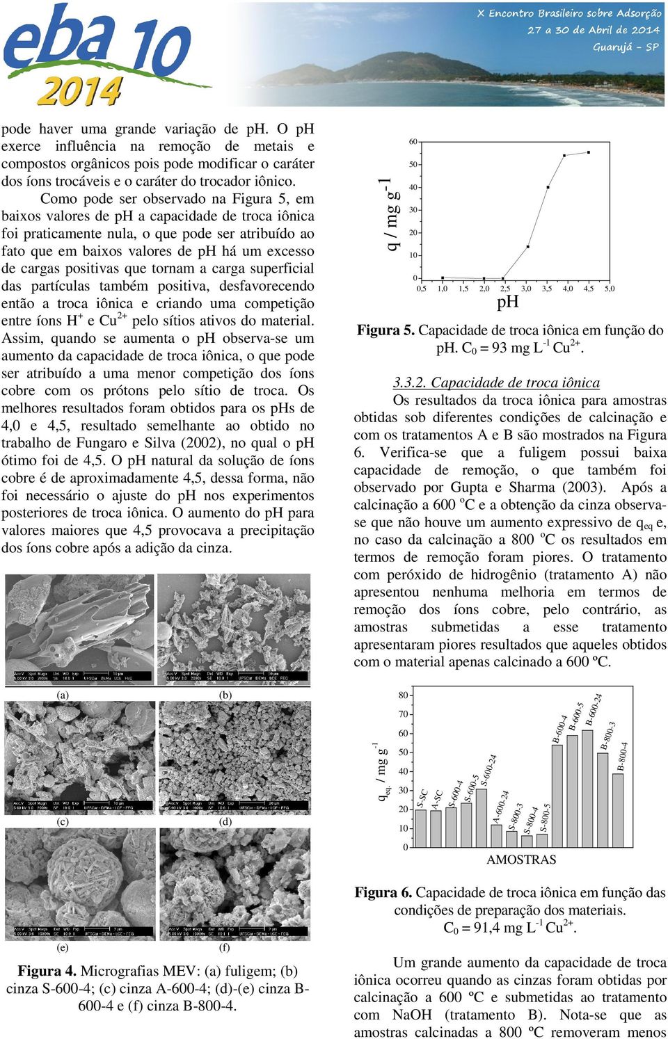 Após a calcinação a 6 oc e a obtenção da cinza observase que não houve um aumento expressivo de qeq e, no caso da calcinação a 8 oc os resultados em termos de remoção foram piores.