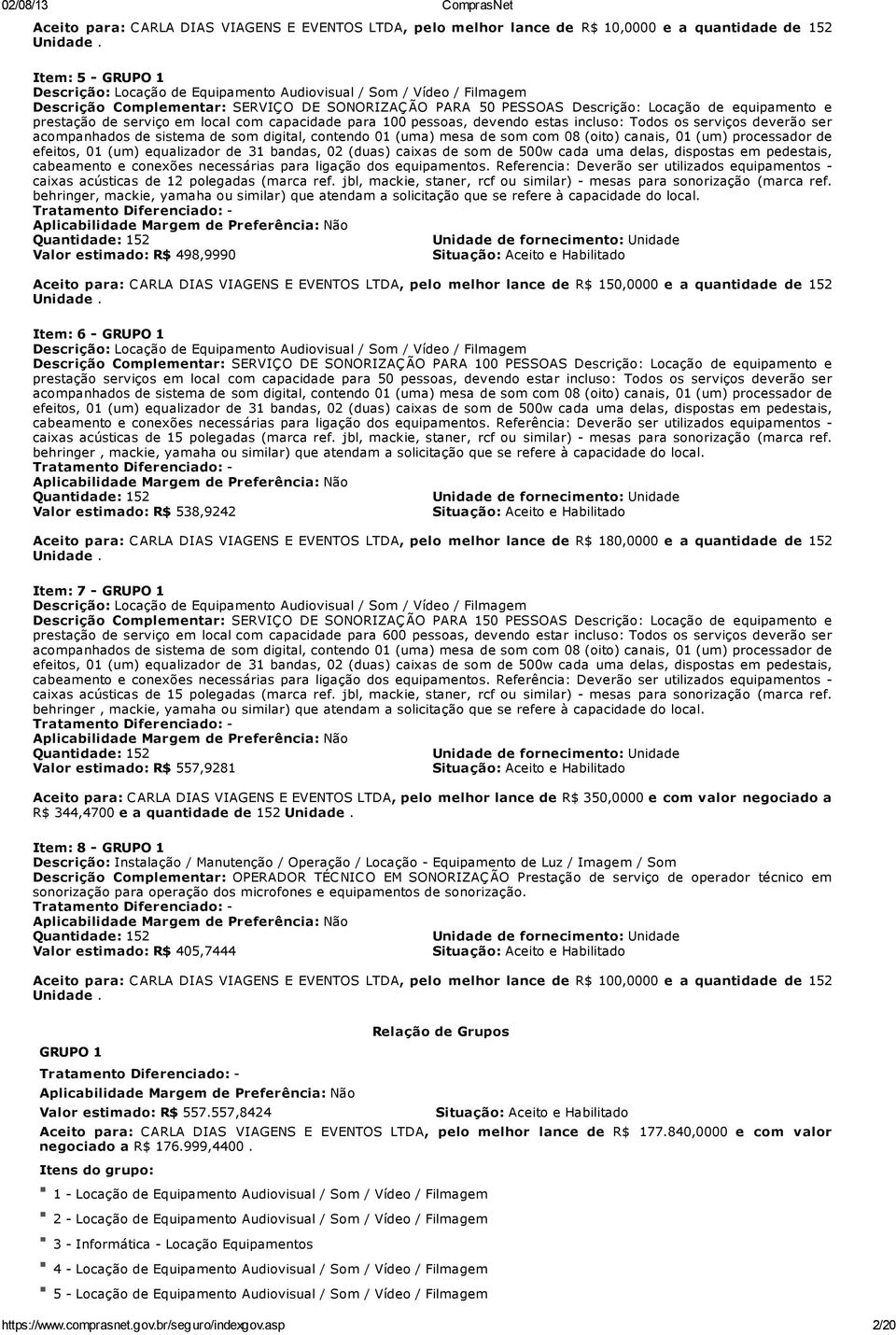 de serviço em local com capacidade para 100 pessoas, devendo estas incluso: Todos os serviços deverão ser acompanhados de sistema de som digital, contendo 01 (uma) mesa de som com 08 (oito) canais,