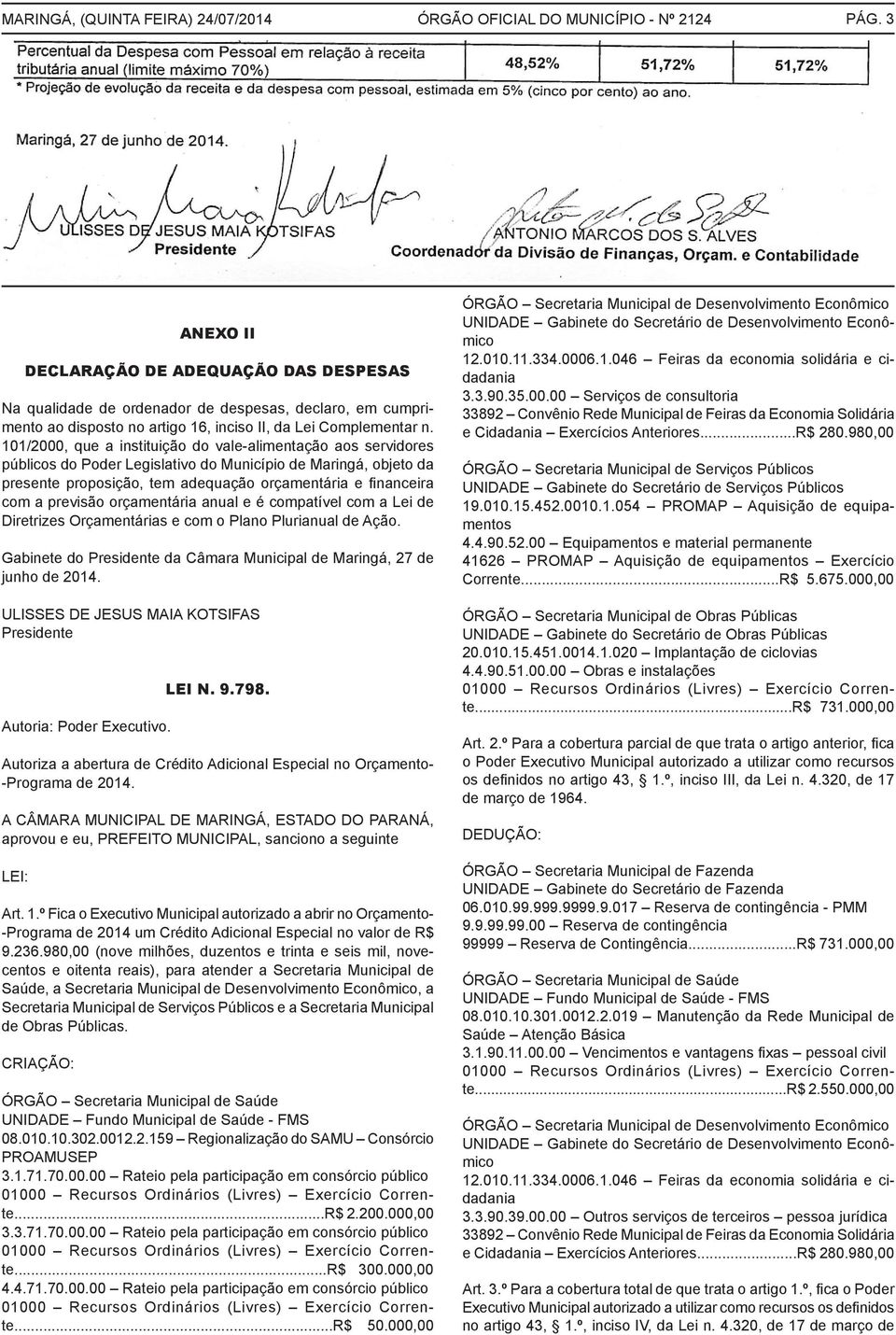 previsão orçamentária anual e é compatível com a Lei de Diretrizes Orçamentárias e com o Plano Plurianual de Ação. Gabinete do Presidente da Câmara Municipal de Maringá, 27 de junho de 2014.