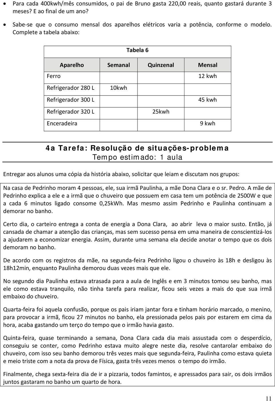 Complete a tabela abaixo: Tabela 6 Aparelho Semanal Quinzenal Mensal Ferro 12 kwh Refrigerador 280 L 10kwh Refrigerador 300 L 45 kwh Refrigerador 320 L 25kwh Enceradeira 9 kwh 4a Tarefa: Resolução de