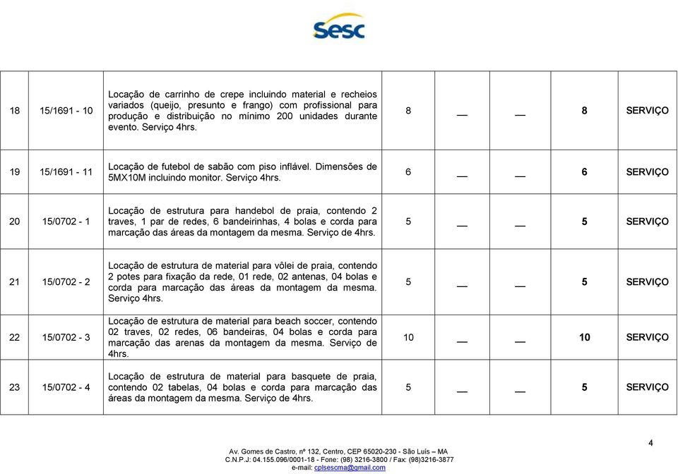 Serviço 6 6 SERVIÇO 20 5/0702 - Locação de estrutura para handebol de praia, contendo 2 traves, par de redes, 6 bandeirinhas, 4 bolas e corda para marcação das áreas da montagem da mesma.