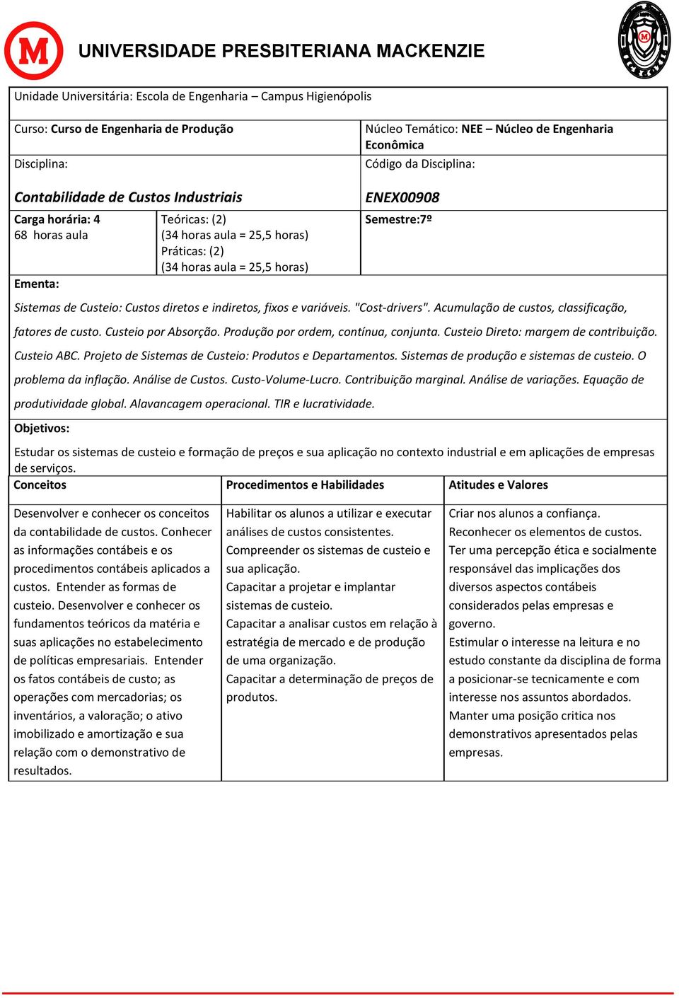 Custeio Direto: margem de contribuição. Custeio ABC. Projeto de Sistemas de Custeio: Produtos e Departamentos. Sistemas de produção e sistemas de custeio. O problema da inflação. Análise de Custos.