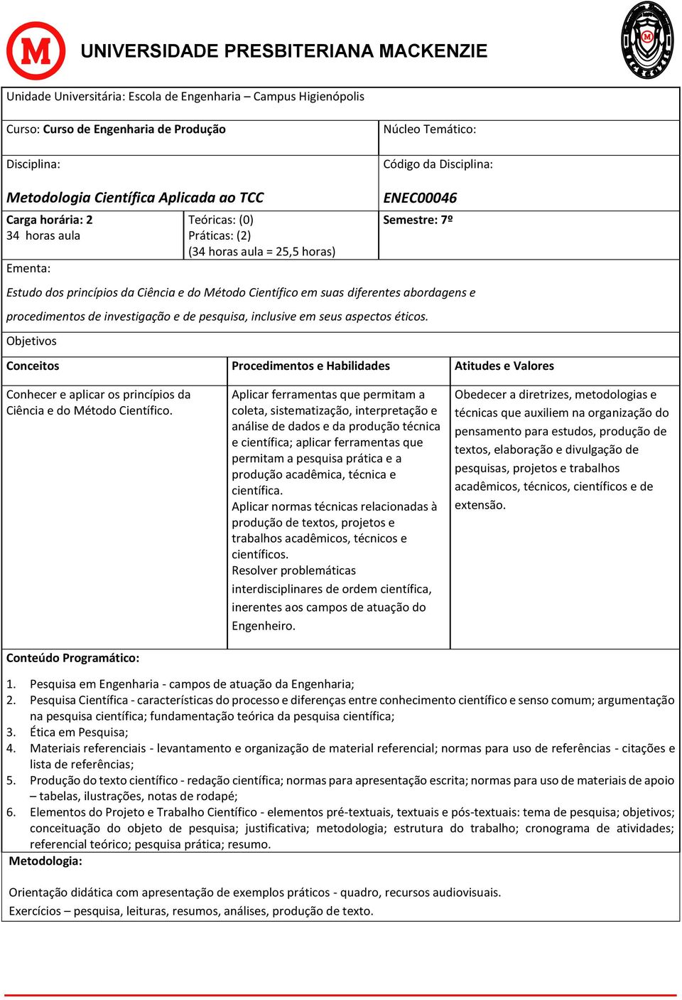 Objetivos Conceitos Procedimentos e Habilidades Atitudes e Valores Conhecer e aplicar os princípios da Ciência e do Método Científico.