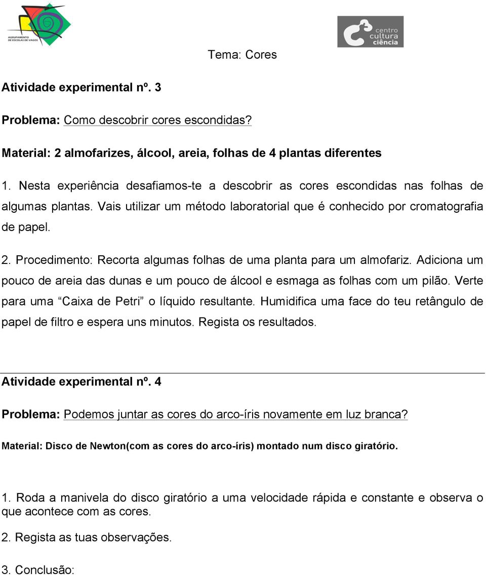 Procedimento: Recorta algumas folhas de uma planta para um almofariz. Adiciona um pouco de areia das dunas e um pouco de álcool e esmaga as folhas com um pilão.