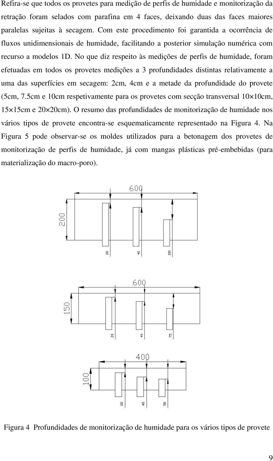 No que diz respeito às medições de perfis de humidade, foram efetuadas em todos os provetes medições a 3 profundidades distintas relativamente a uma das superfícies em secagem: 2cm, 4cm e a metade da