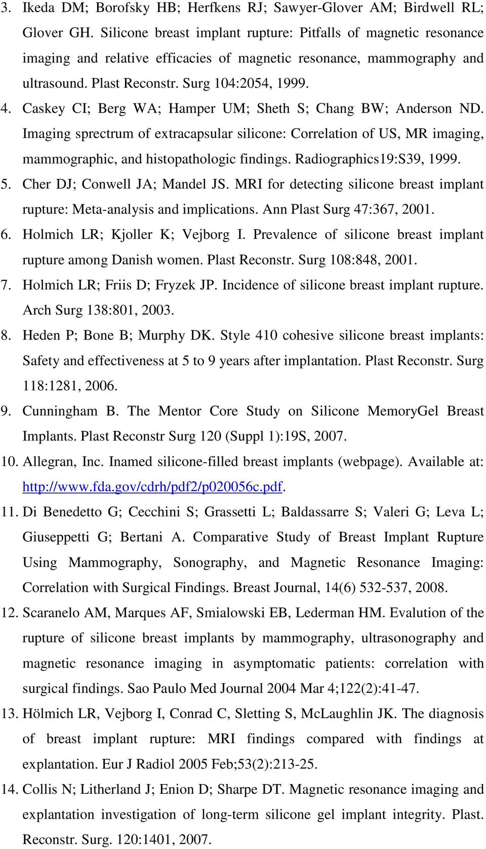 Caskey CI; Berg WA; Hamper UM; Sheth S; Chang BW; Anderson ND. Imaging sprectrum of extracapsular silicone: Correlation of US, MR imaging, mammographic, and histopathologic findings.